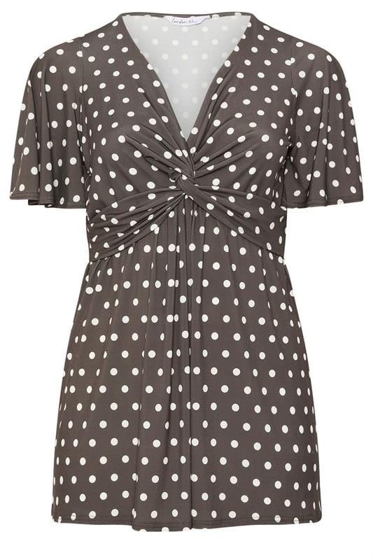 YOURS LONDON Plus Size Chocolate Brown Polka Dot Knot Front Top | Yours Clothing 5