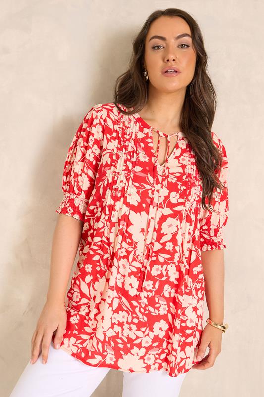 EVANS Plus Size Red Floral Pintuck Tie Neck Blouse | Evans 1