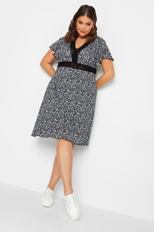 YOURS Plus Size Black Ditsy Print Lace Detail Dress | Yours Clothing 2