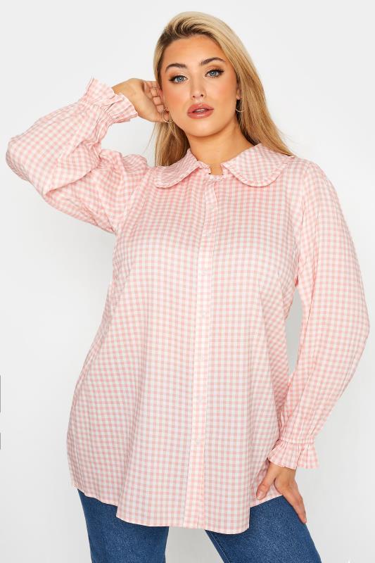 LIMITED COLLECTION Curve Blush Pink Gingham Collar Shirt_A.jpg