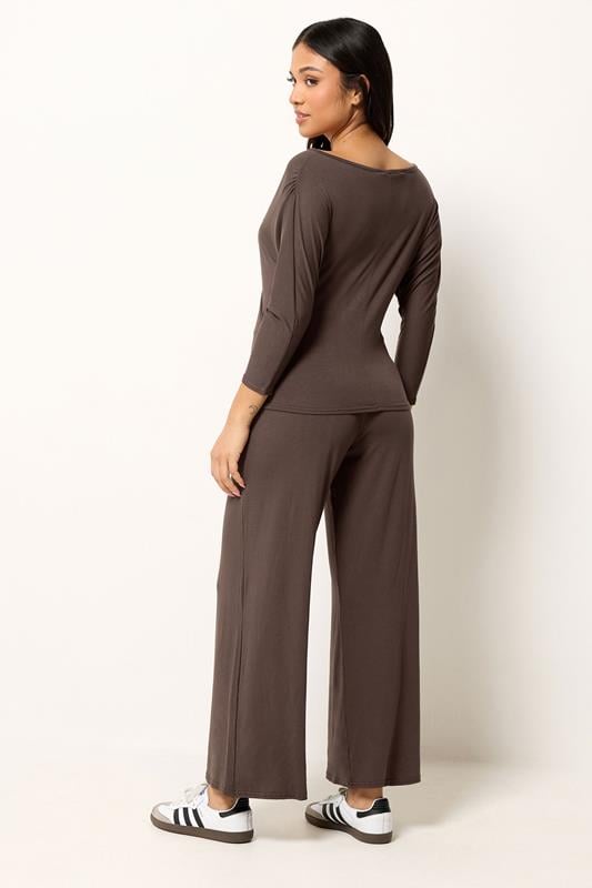 PixieGirl Petite Women's Set Chocolate Brown Wrap Top & Wide Leg Trousers | PixieGirl 2