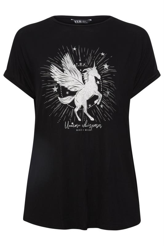 YOURS Plus Size Black Unicorn Design Glitter Embellished T-Shirt | Yours Clothing 5