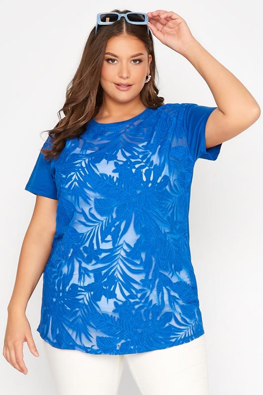 Plus Size  Curve Blue Tropical Print Mesh T-Shirt