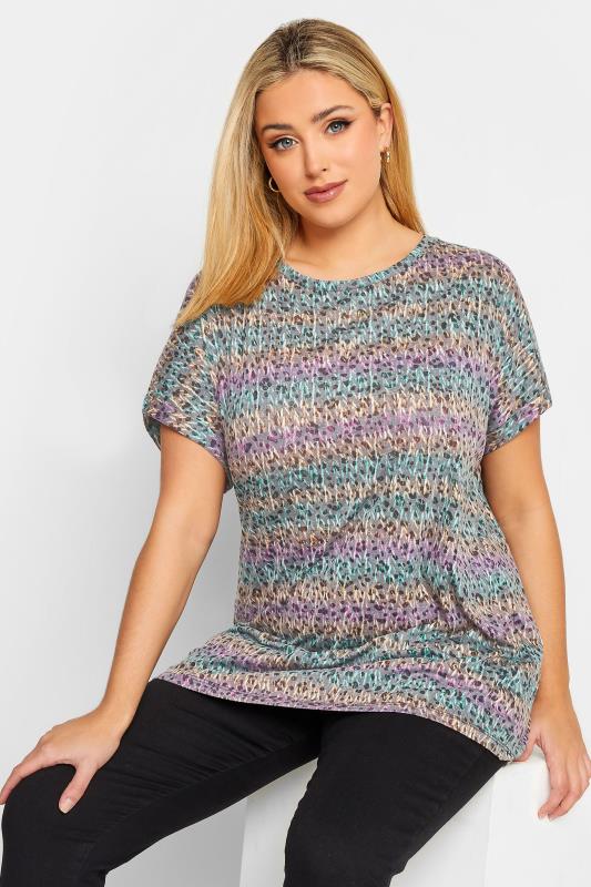 YOURS Plus Size Curve Pink & Yellow Stripe Animal Print T-Shirt | Yours Clothing  1