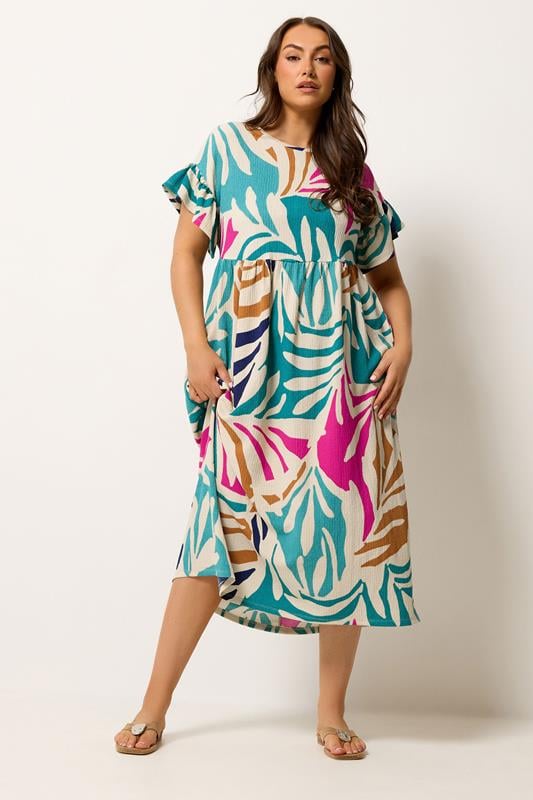 YOURS Plus Size Natural Brown & Green Abstract Print Maxi Dress | Yours Clothing 1