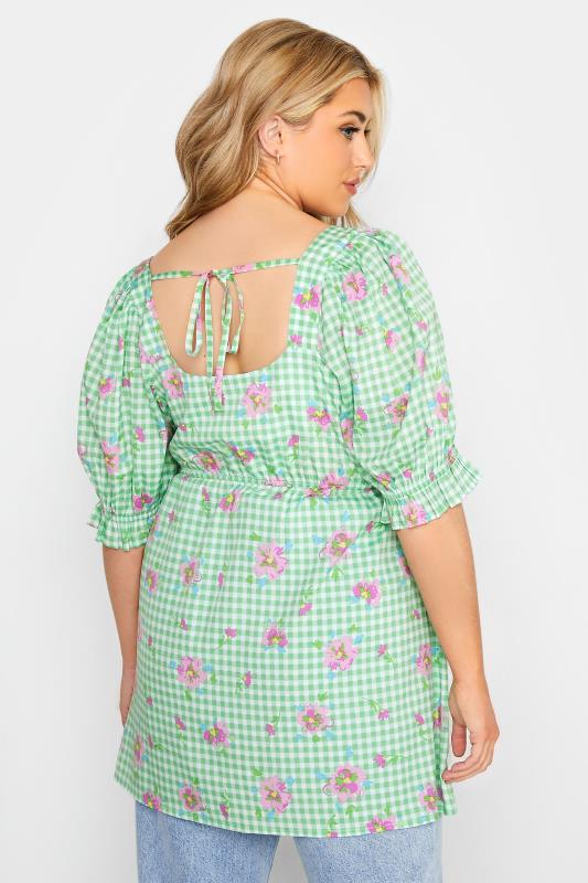 LIMITED COLLECTION Curve Green Gingham Floral Puff Sleeve Peplum Top 3
