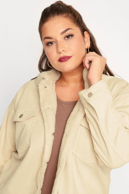 LIMITED COLLECTION Plus Size Cream Fur Collar Cord Jacket | Yours Clothing  4