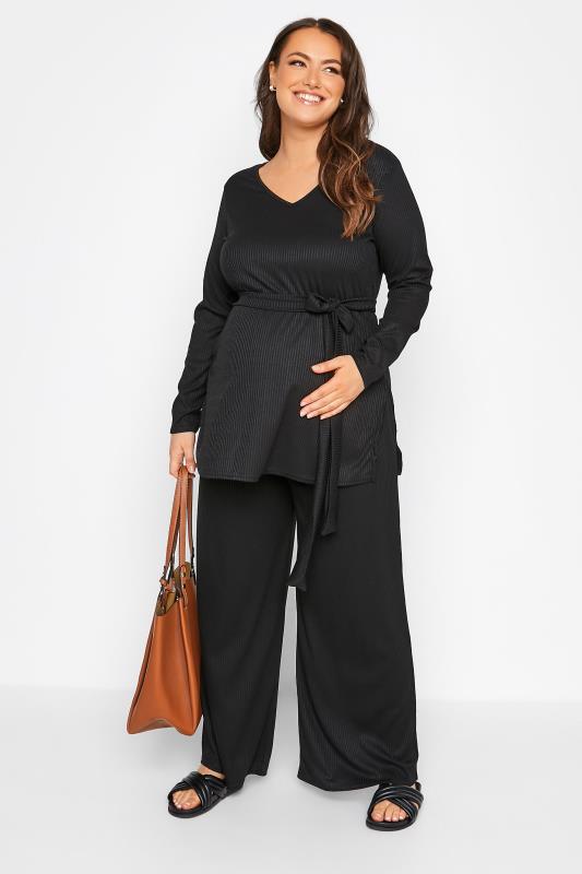 BUMP IT UP MATERNITY Plus Size Black Ribbed Tie Waist Lounge Top | Yours Clothing 2