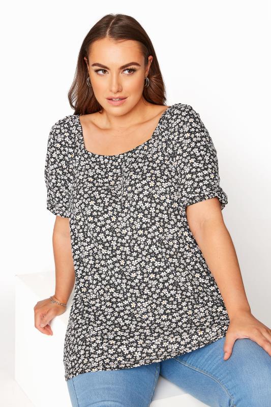 Plus Size  LIMITED COLLECTION Black Ditsy Print Square Neck Top