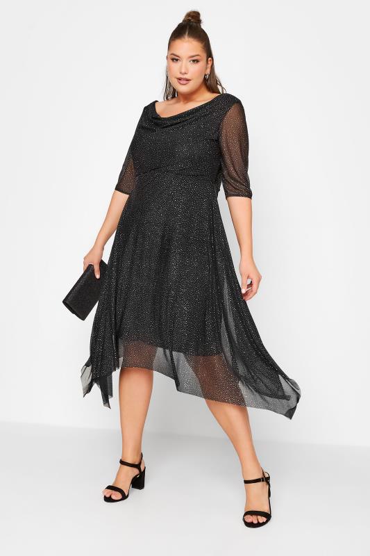 YOURS LONDON Plus-Size Curve Black Glitter Cowl Neck Midi Dress | Yours Clothing 1