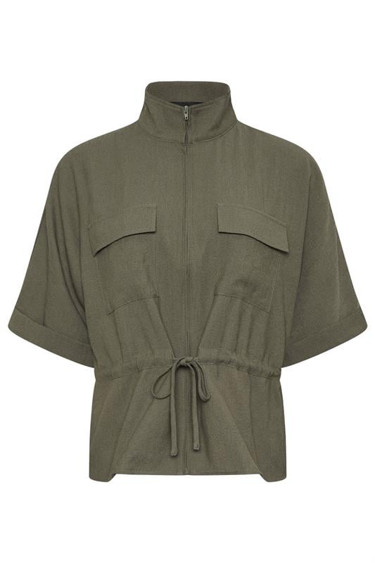 PixieGirl Petite Women's Khaki Green Funnel Neck Shacket | PixieGirl 5