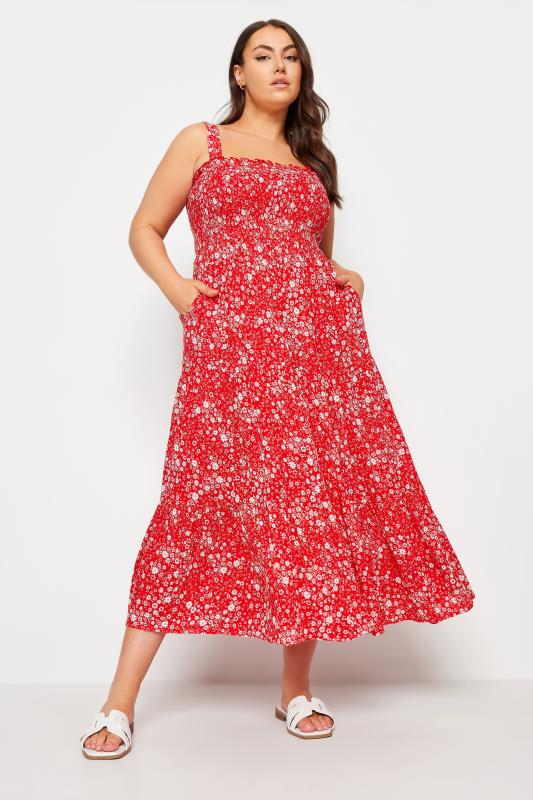 YOURS Plus Size Red Ditsy Floral Print Shirred Maxi Dress | Yours Clothing 2