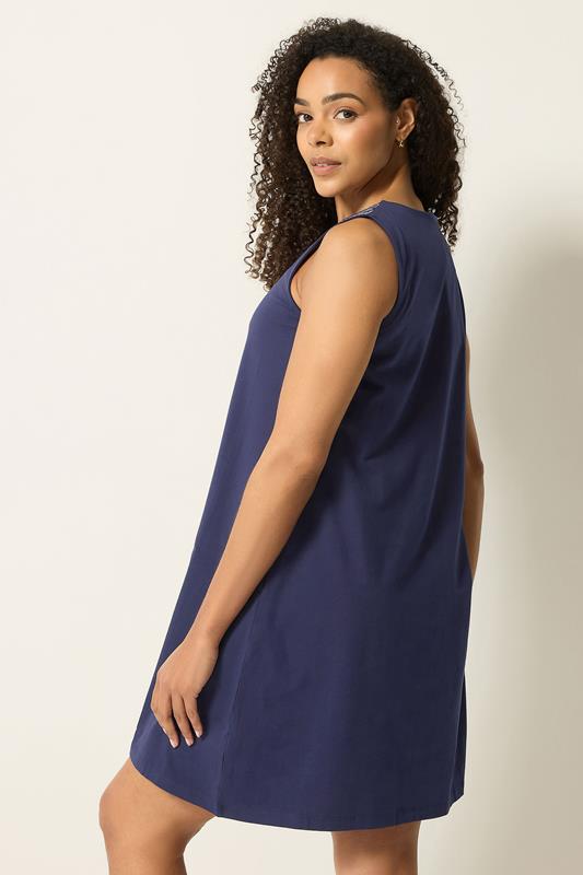 M&Co Navy Blue Embroidered Notch Neck Cotton Midi Dress | M&Co 2