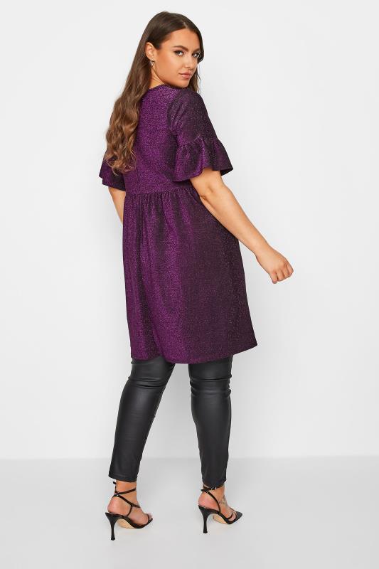 Plus Size Purple Glitter Frill Sleeve Smock Dress | Yours Clothing 3