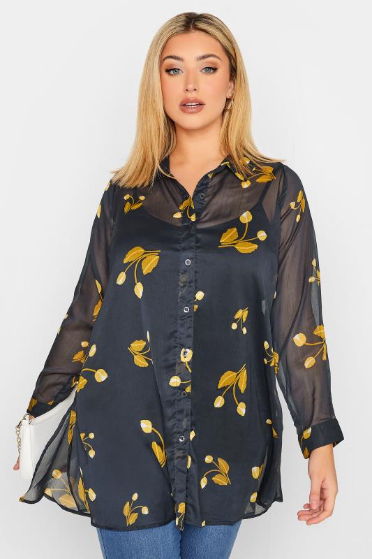 Plus Size Black Floral Print Button Through Shirt | Yours Clothing 1