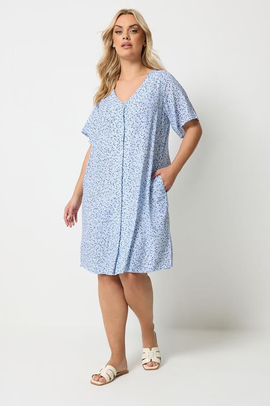YOURS Plus Size Blue Ditsy Floral Button Through Tunic Dress | Yours Clothing 1