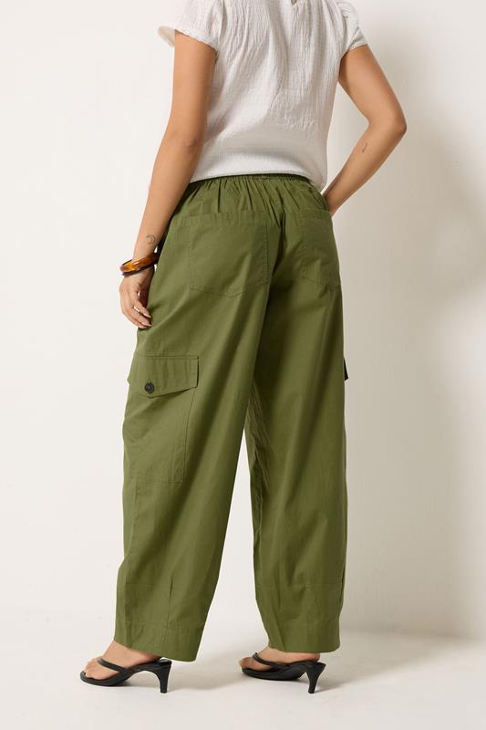 PixieGirl Petite Women's Khaki Green Poplin Cotton Cargo Barrel Leg Trousers | PixieGirl 2