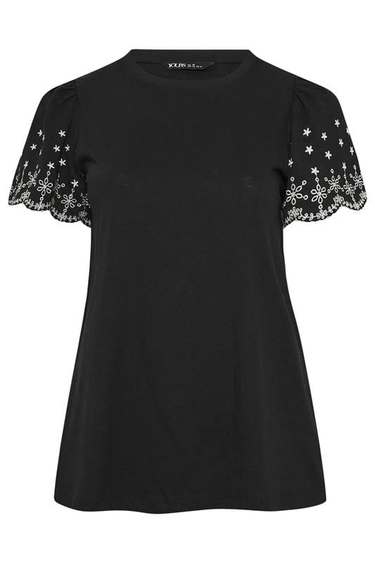 YOURS Plus Size Black Embroidered Sleeve T-Shirt | Yours Clothing 5