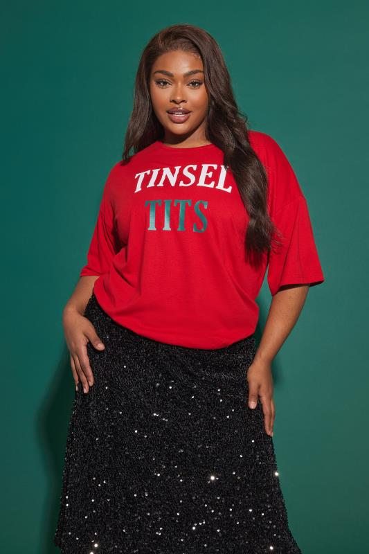 LIMITED COLLECTION Plus Size Curve Red 'Tinsel' Slogan Christmas T-Shirt | Yours Clothing  2