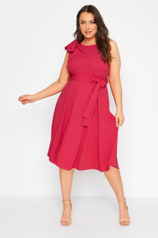 YOURS LONDON Plus Size Hot Pink Bow Shoulder Midi Skater Dress | Yours Clothing  2