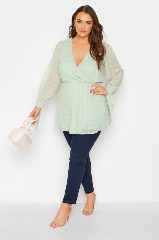 YOURS LONDON Plus Size Sage Green Spot Wrap Top | Yours Clothing 2