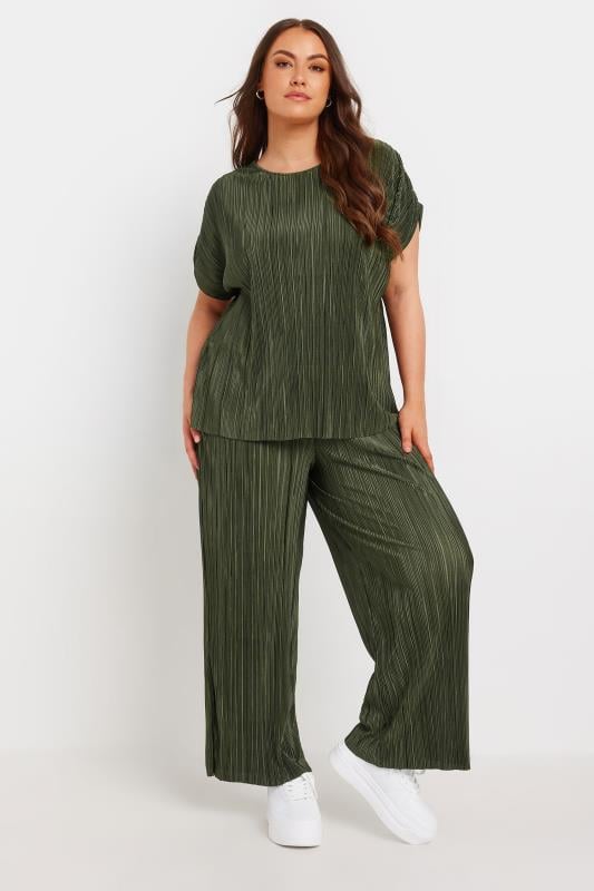 LIMITED COLLECTION Plus Size Khaki Green Textured Wide Leg Trousers | Yours Clothing 2