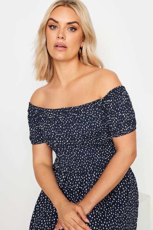 YOURS Plus Size Navy Blue Dot Print Bardot Midaxi Dress | Yours Clothing 4