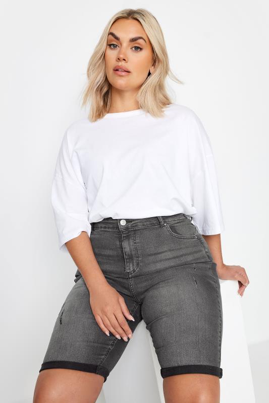 YOURS Plus Size Charcoal Grey Cat Scratch Stretch Denim Shorts | Yours Clothing 1