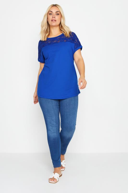 YOURS Plus Size Blue Floral Mesh T-Shirt | Yours Clothing 2