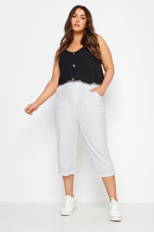 YOURS Plus Size White Cool Cotton Cropped Trousers | Yours Clothing 3