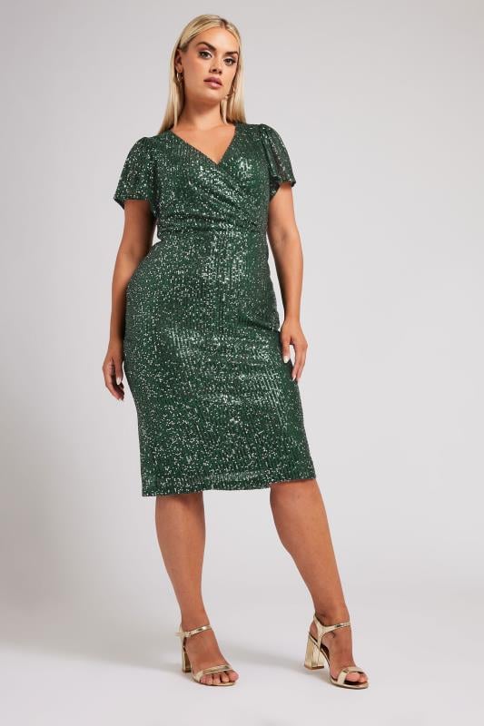  Tallas Grandes YOURS LONDON Curve Green Sequin Embellished Wrap Dress