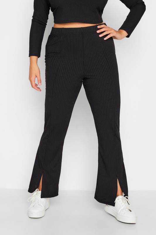 Plus Size Black Ribbed Split Front Flared Trousers | Yours Clothing 1