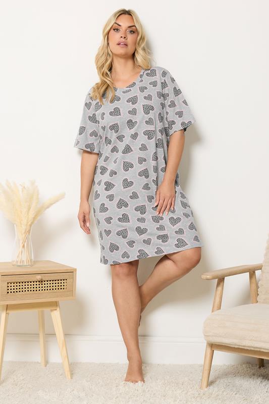 YOURS Plus Size Grey Cluster Heart Nightdress | Yours Clothing 1