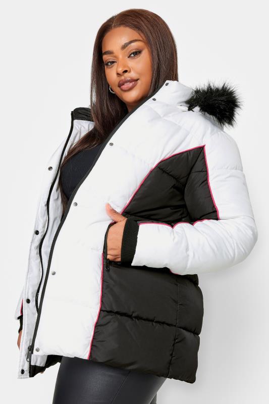 Plus Size  YOURS Curve White & Black Colourblock Hooded Puffer Jacket