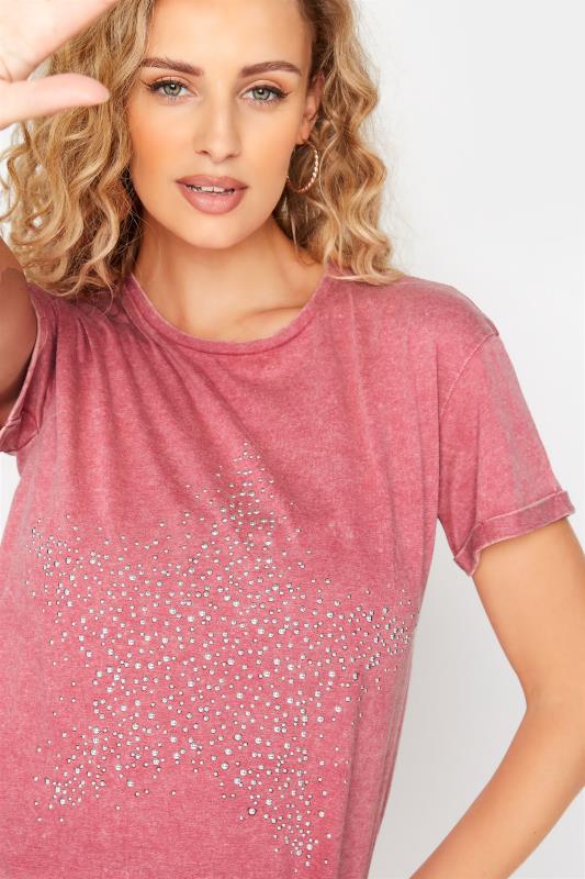 LTS Tall Pink Acid Wash Star Embellished T-Shirt 4