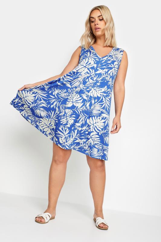 YOURS Plus Size Blue Leaf Print Mini Dress | Yours Clothing 1