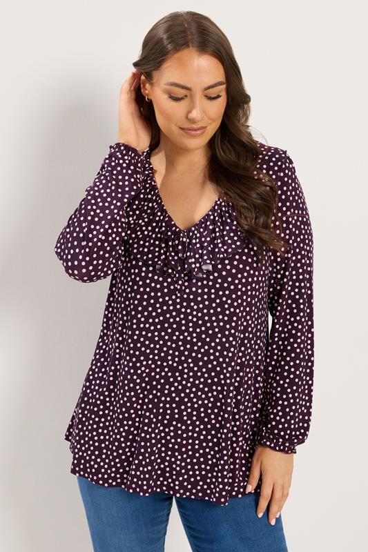  YOURS paarse blouse met stippen en ruches