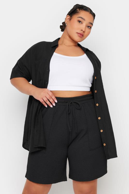 YOURS Plus Size Black Textured Crinkle Shorts | Yours Clothing 1