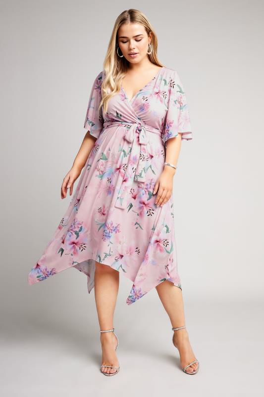 YOURS LONDON Plus Size Light Pink Floral Print Hanky Hem Wrap Dress | Yours Clothing 4
