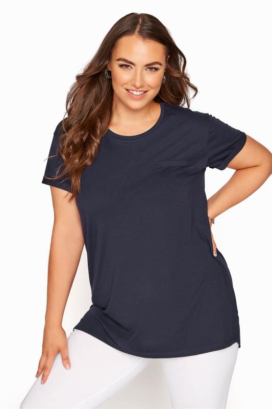 YOURS FOR GOOD Plus Size Navy Blue Cotton Blend Pocket T-Shirt | Yours Clothing 1