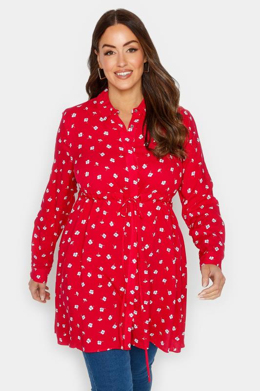 M&Co Red Floral Print Tie Waist Tunic Shirt | M&Co 1