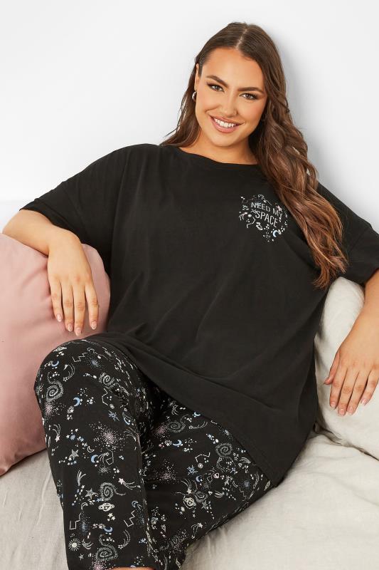 Curve Black 'Need My Space' Galaxy Print Pyjama Set | Yours Clothing 4