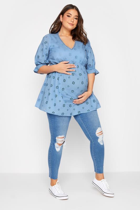 BUMP IT UP MATERNITY Plus Size Blue Broderie Anglaise Blouse | Yours Clothing 3