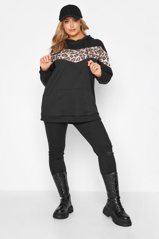 Plus Size Black Leopard Print Panel Hoodie | Yours Clothing  2