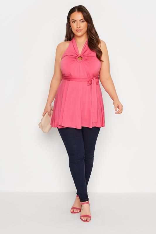 YOURS LONDON Plus Size Pink Ring Detail Halter Neck Top | Yours Clothing 2
