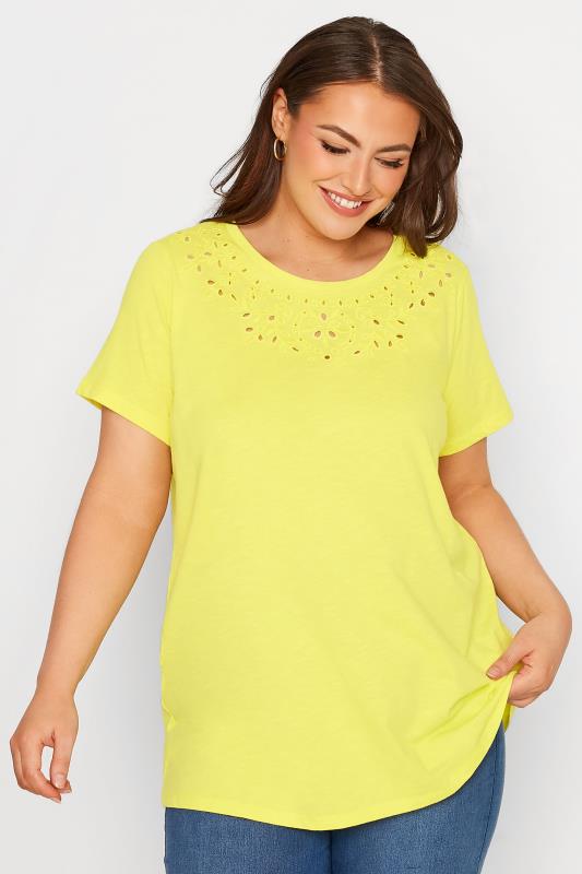 Curve Yellow Broderie Anglaise Neckline T-Shirt 1