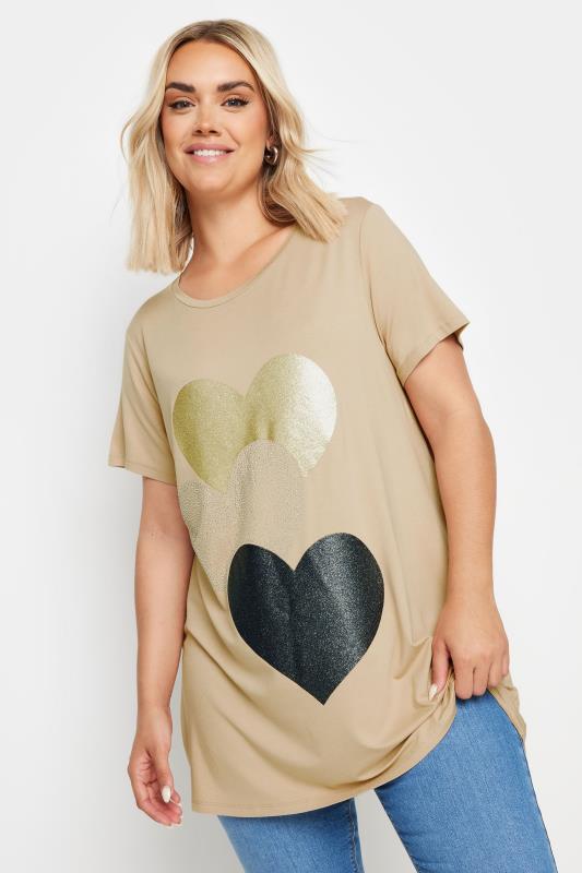 YOURS Plus Size Natural Brown Foil Heart Print T-Shirt | Yours Clothing  1