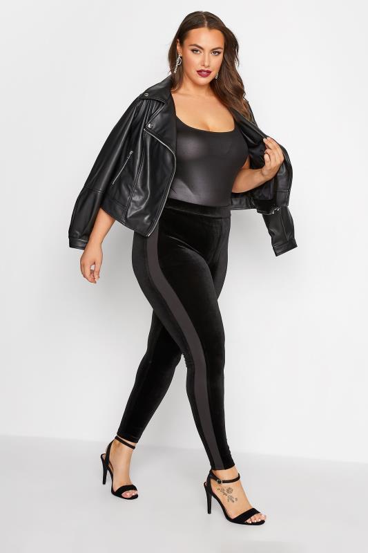 Plus Size Black Velvet Contrast Stripe Leggings | Yours Clothing 2