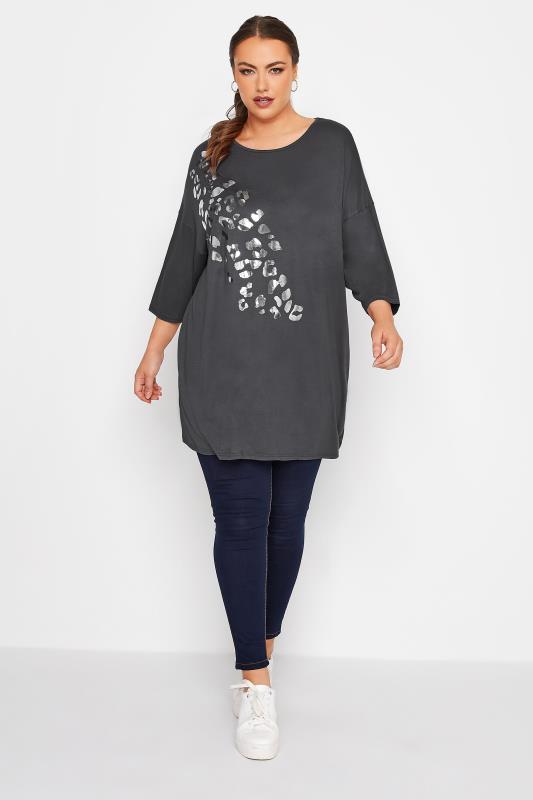 Plus Size LIMITED COLLECTION Dark Grey Foil Leopard Print Oversized T-Shirt | Yours Clothing  2