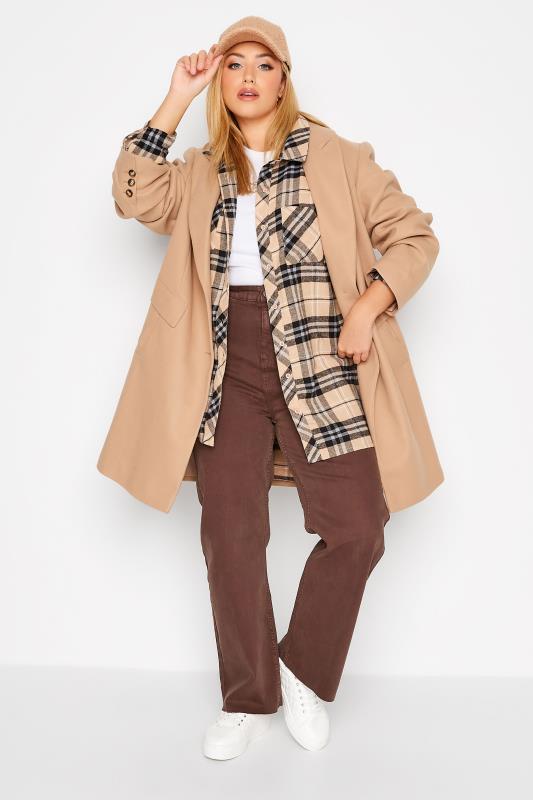 Plus Size Beige Brown Check Brushed Boyfriend Shirt | Yours Clothing 3
